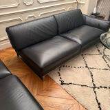 Canapé, cuir noir, Roche Bobois avec méridienne, canapé d’angle