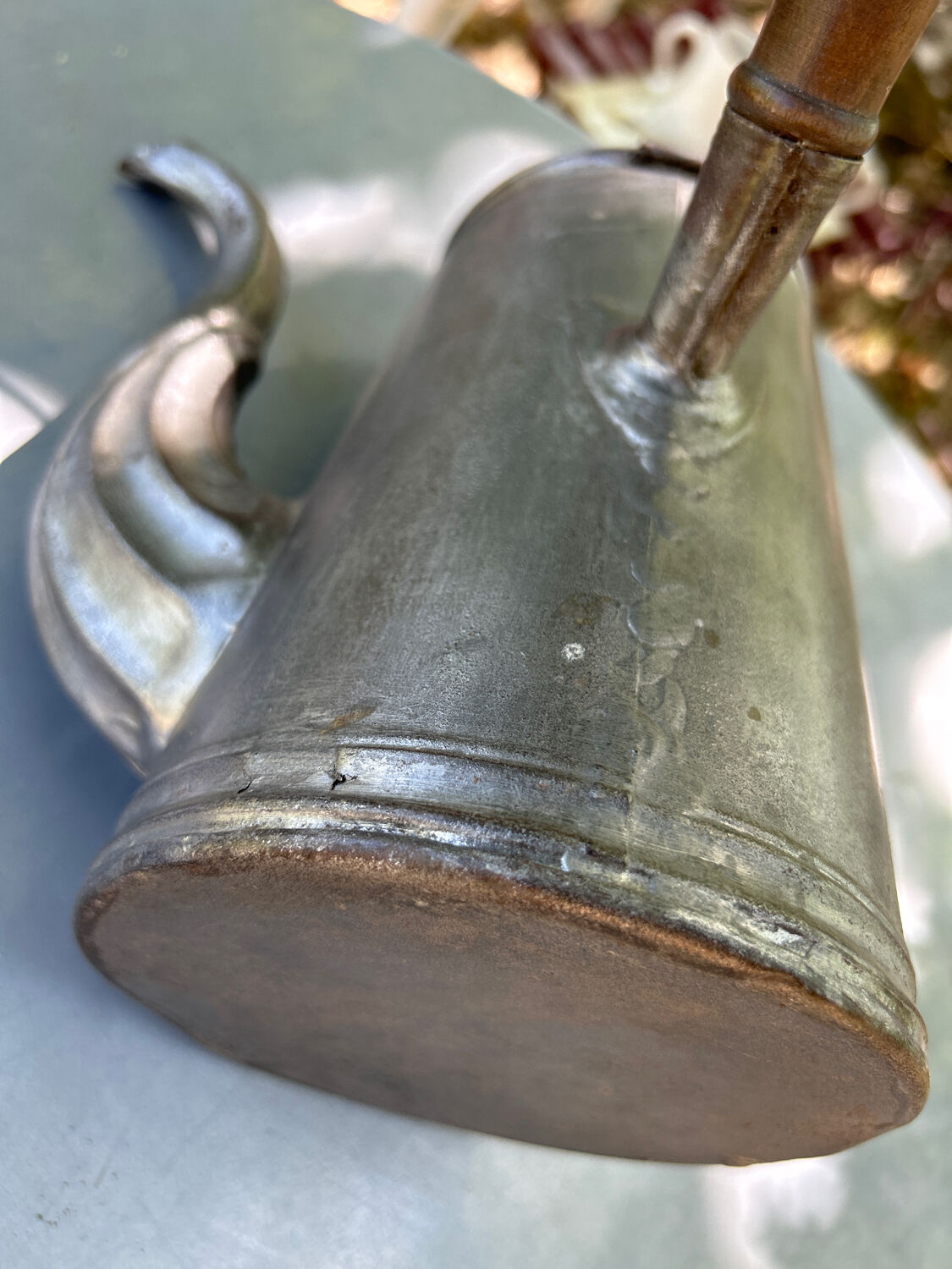 Tin coffee maker or kettle and wooden handle