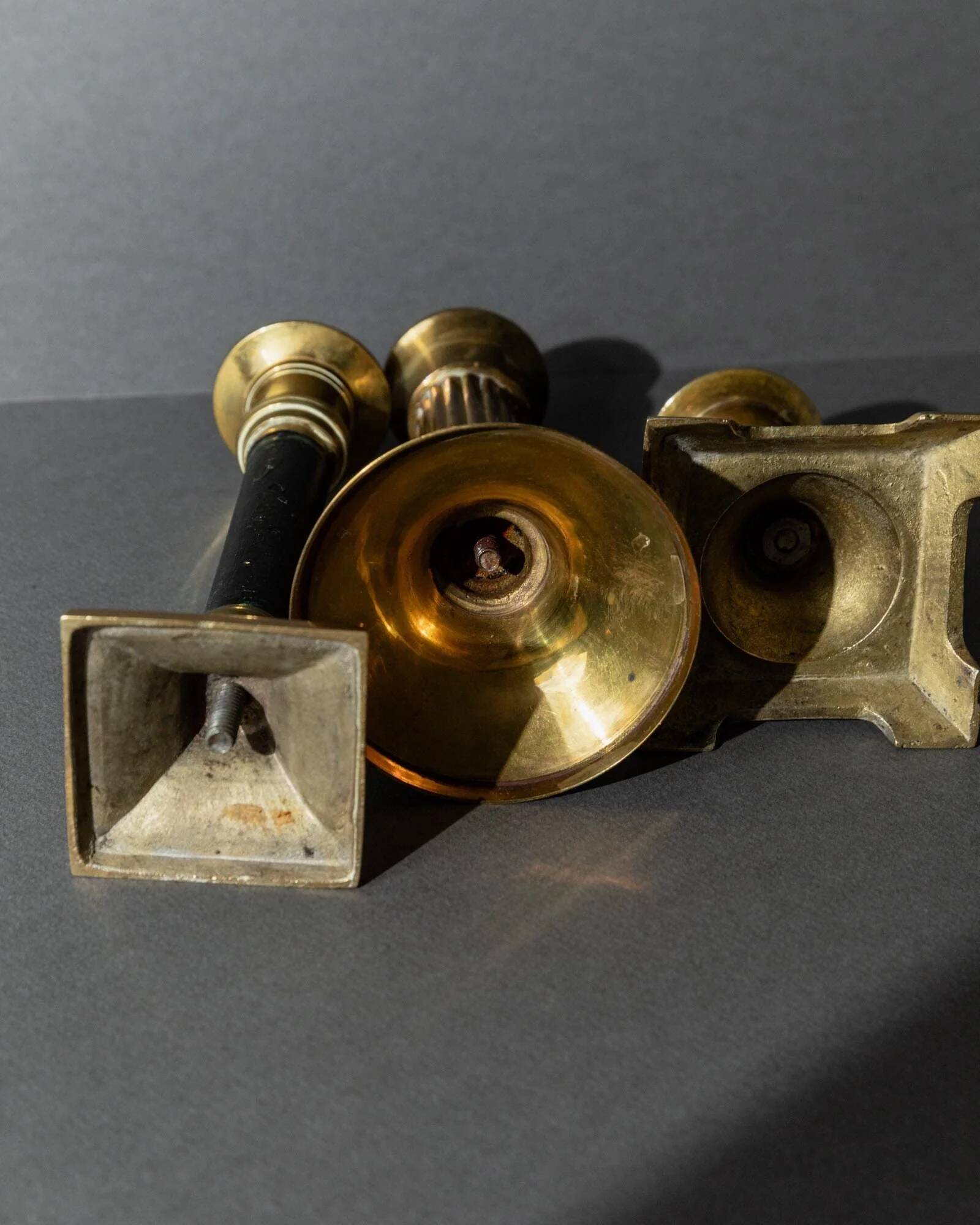 Lot of 3 vintage brass candlesticks from the 1940s, various shapes, classic antique design, retro table decoration, elegant gift idea.