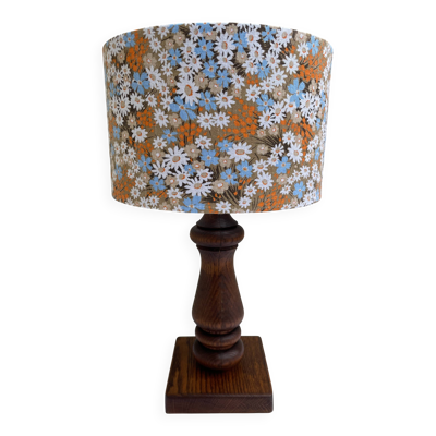 Lampe à poser en bois tourné vintage, abat-jour tambour floral