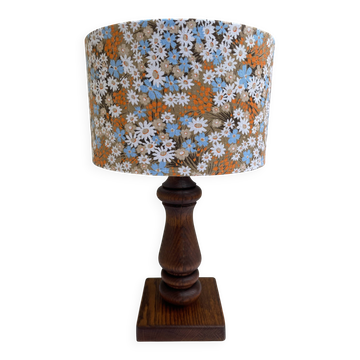 Lampe à poser en bois tourné vintage, abat-jour tambour floral