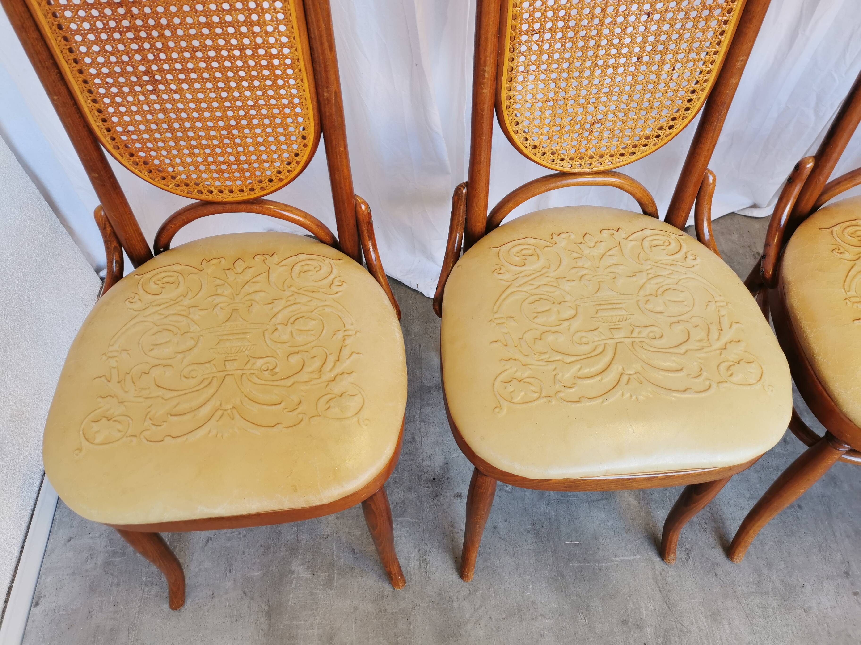 Set of 4 Vintage Bentwood Dining Chairs: Cane Back, Leather Seat, Thonet St