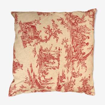 Square cushion red jouy canvas