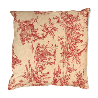 Square cushion red jouy canvas