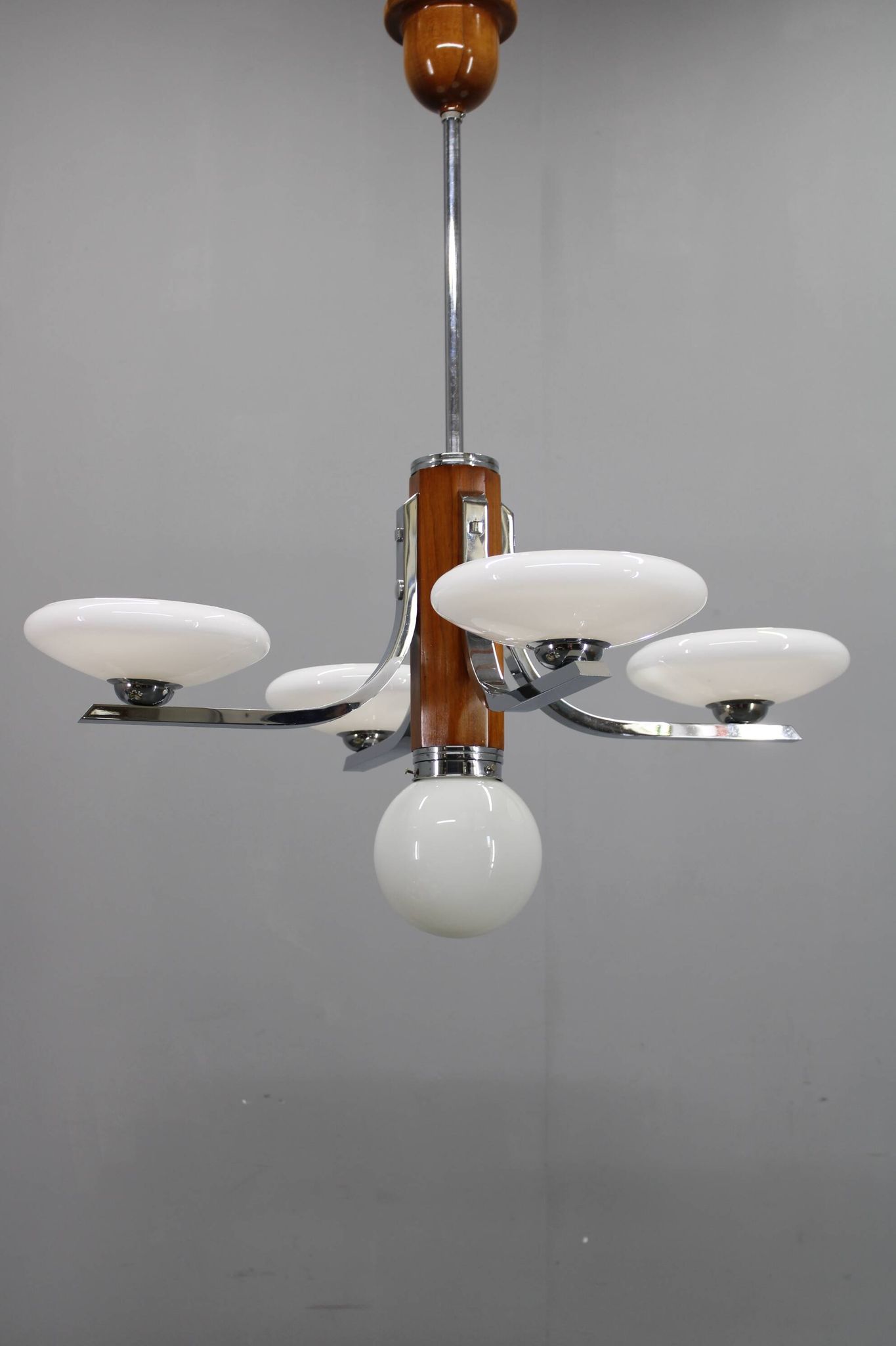 Art Deco chrome and walnut chandelier with milky glass shades, Czechoslovakia, 1