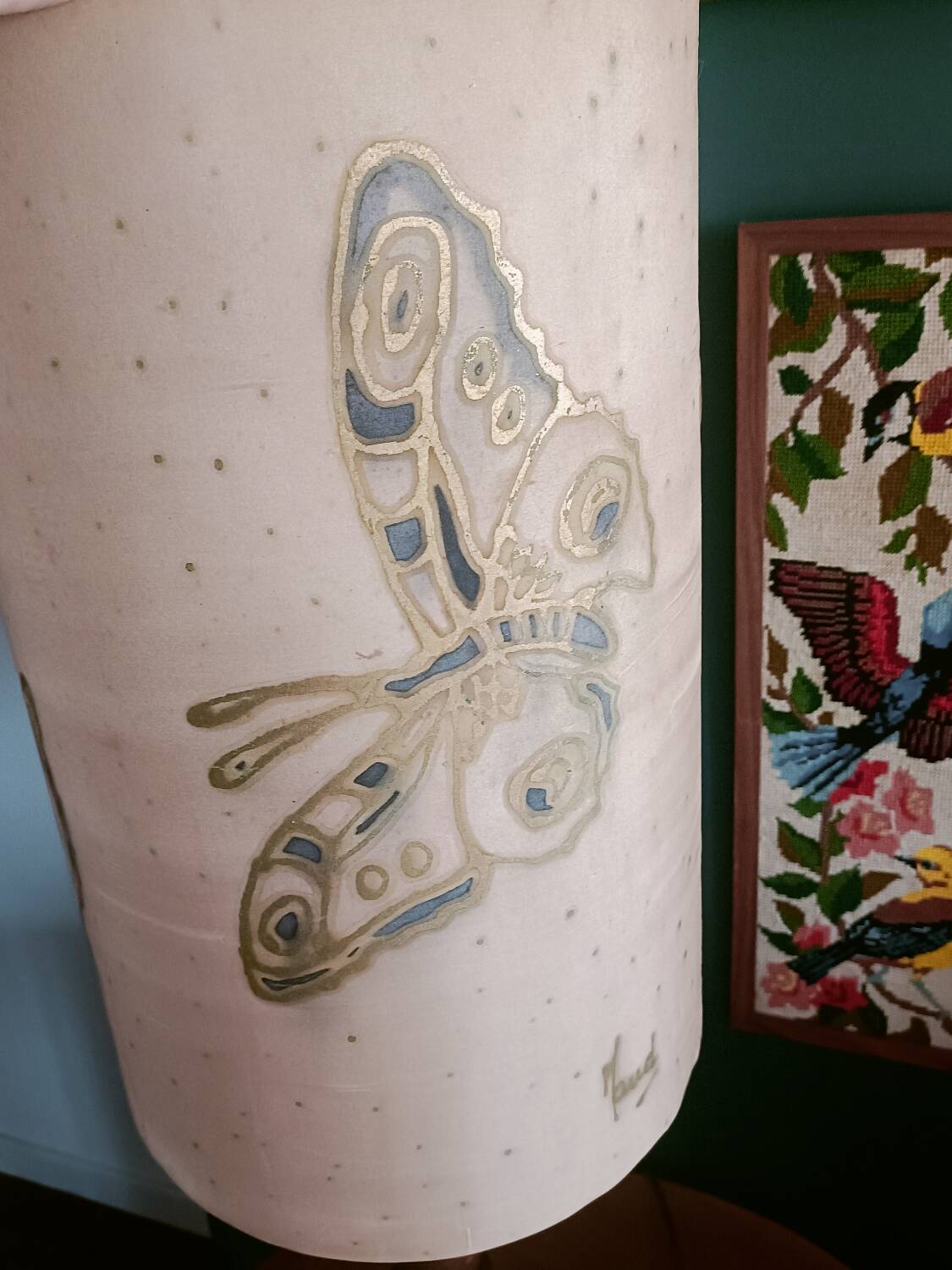 Turned wood lamp and silk lampshade