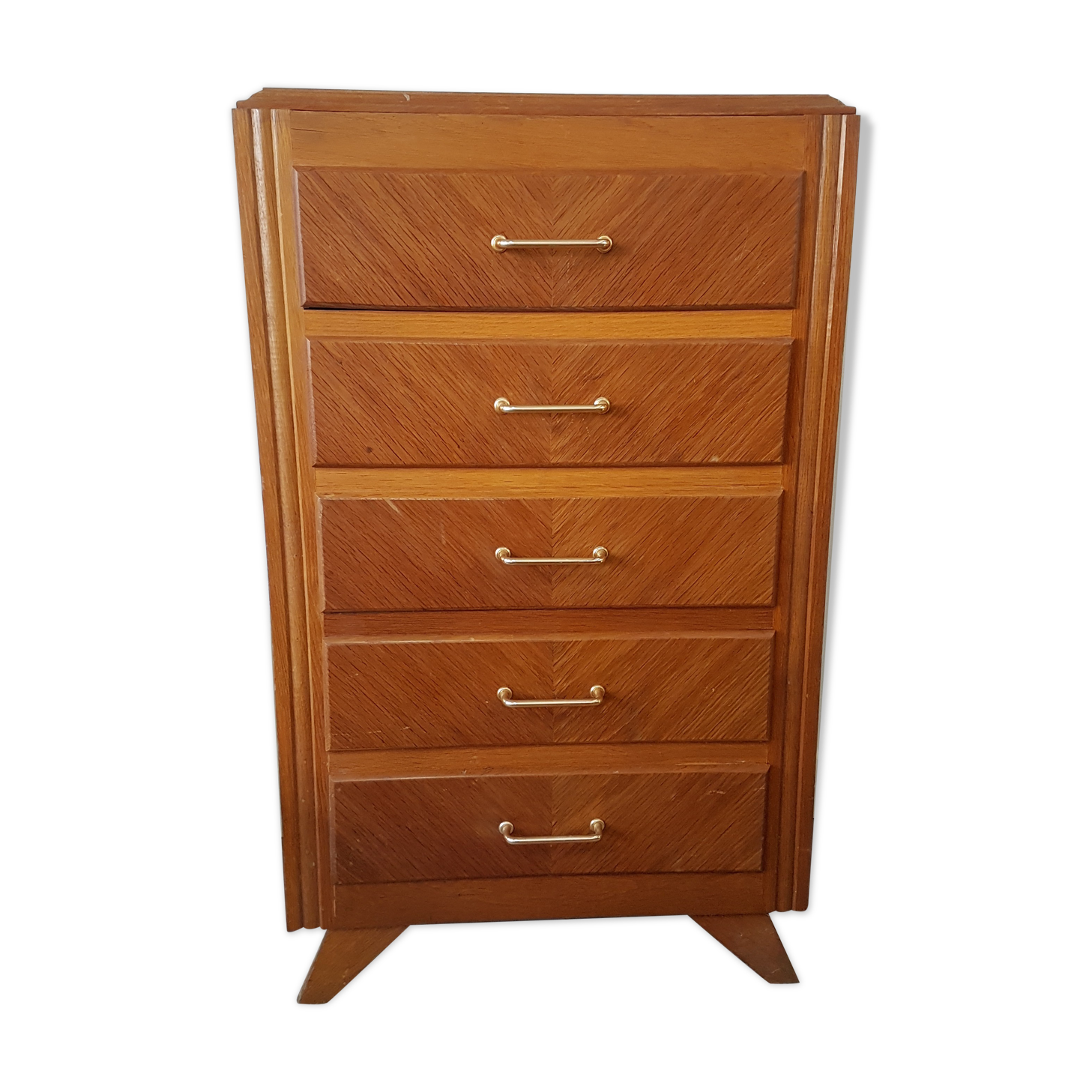 Dresser in natural wood with 5 trays, compass feet, 1960