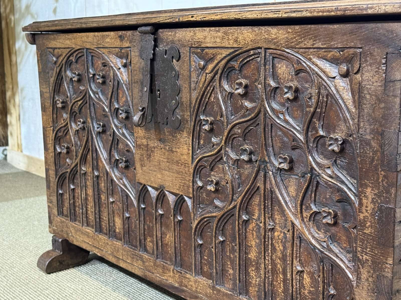 18th-century oak chest with Gothic decoration
