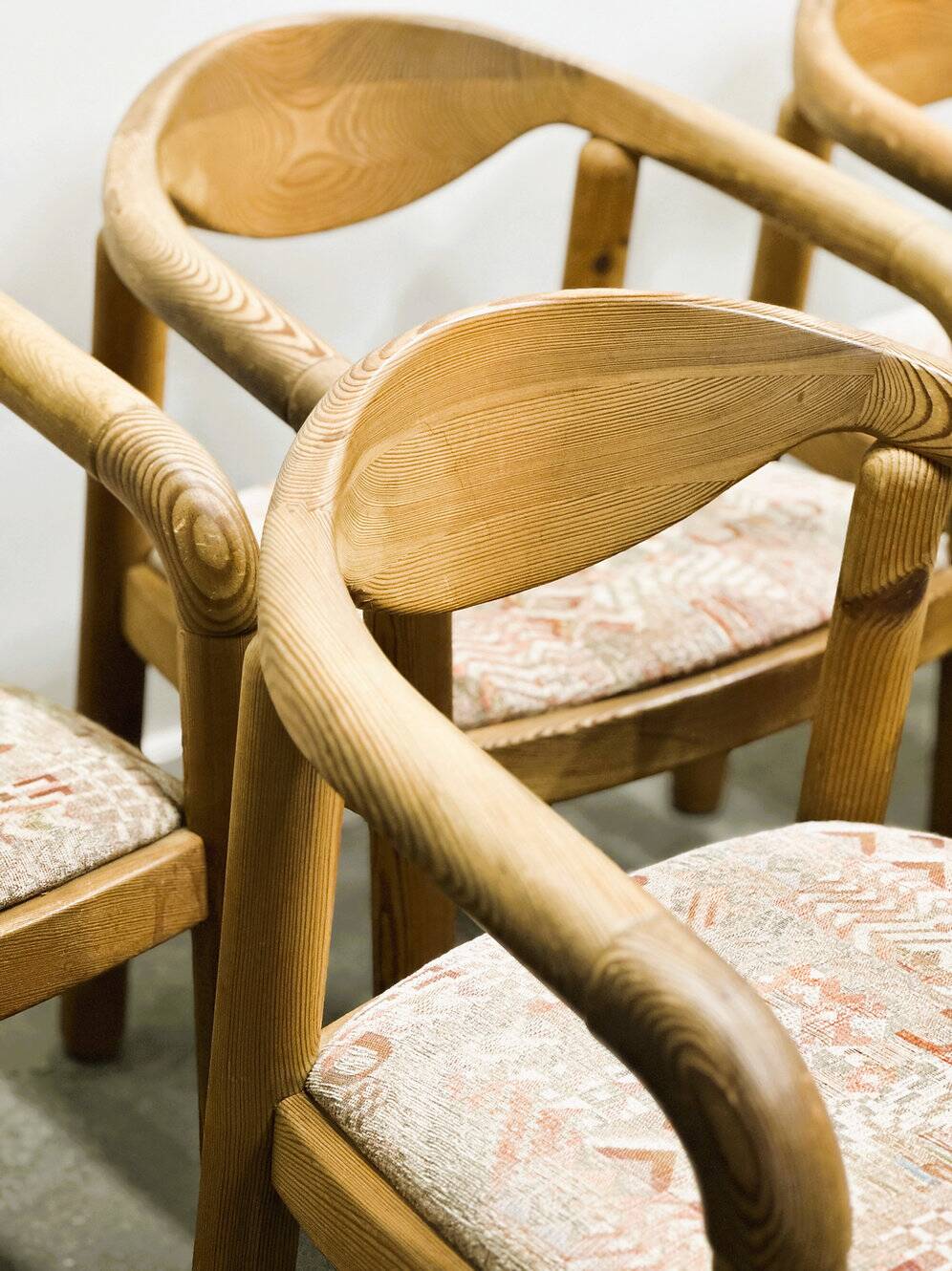 Set of six Rainer Daumiller pine wood arm chairs, 1970s