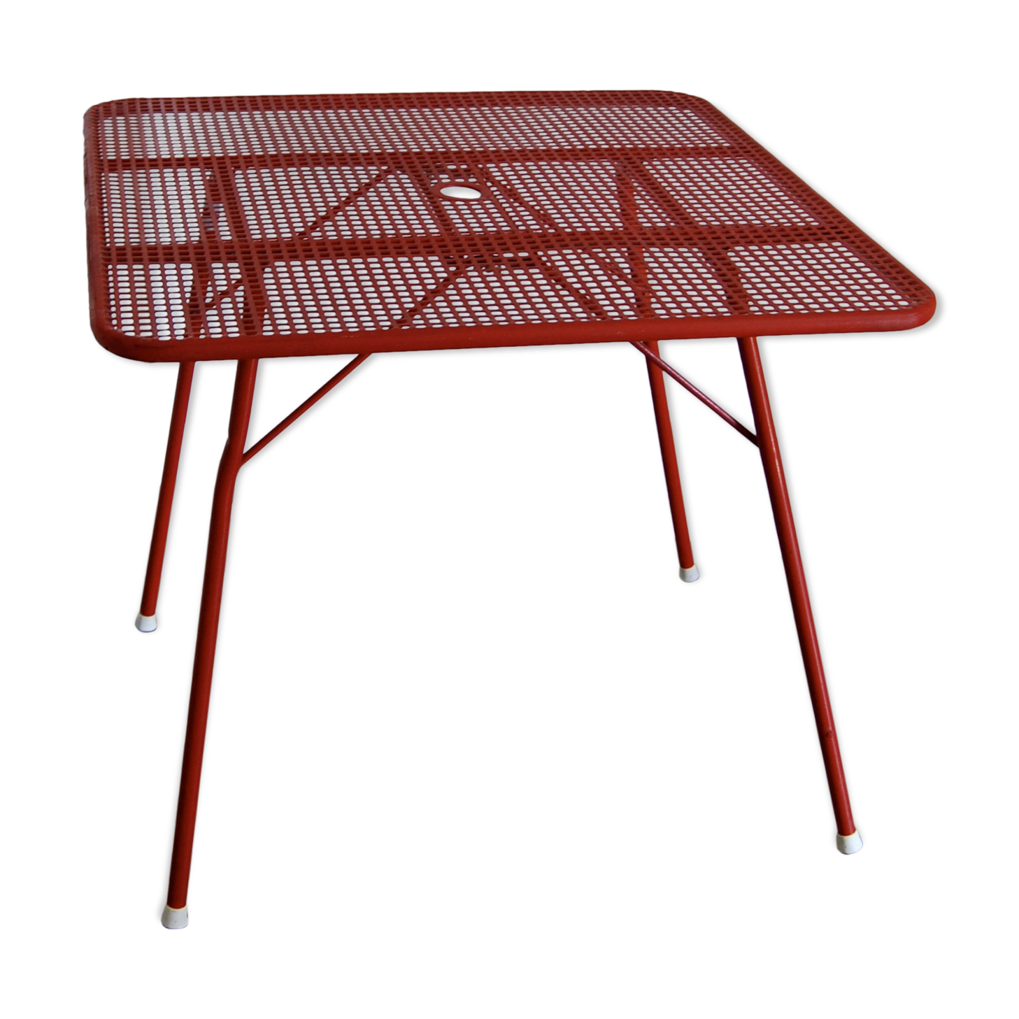 Red metal folding table Malaval type
