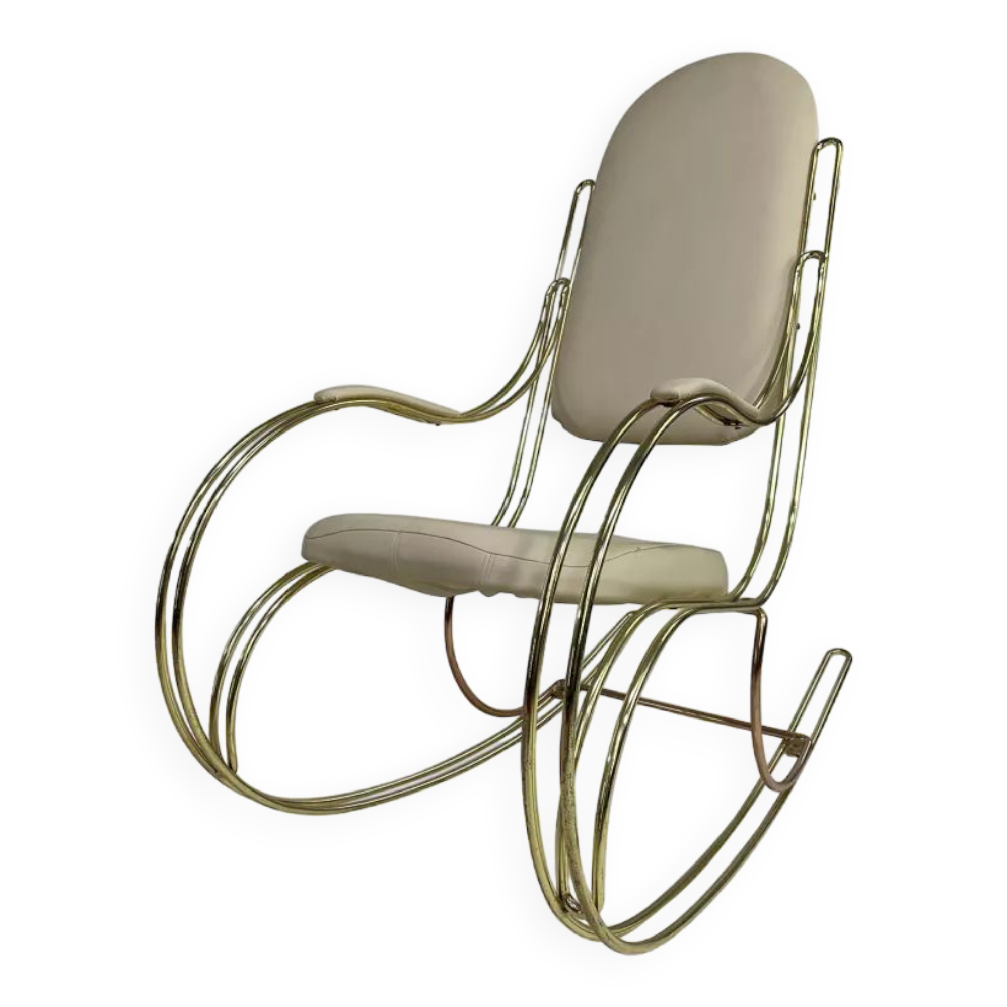 60s rocking chair in brass and ecru faux leather