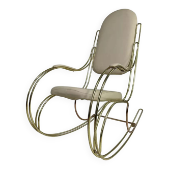 Rocking chair années 60 en laiton et simili cuir écru