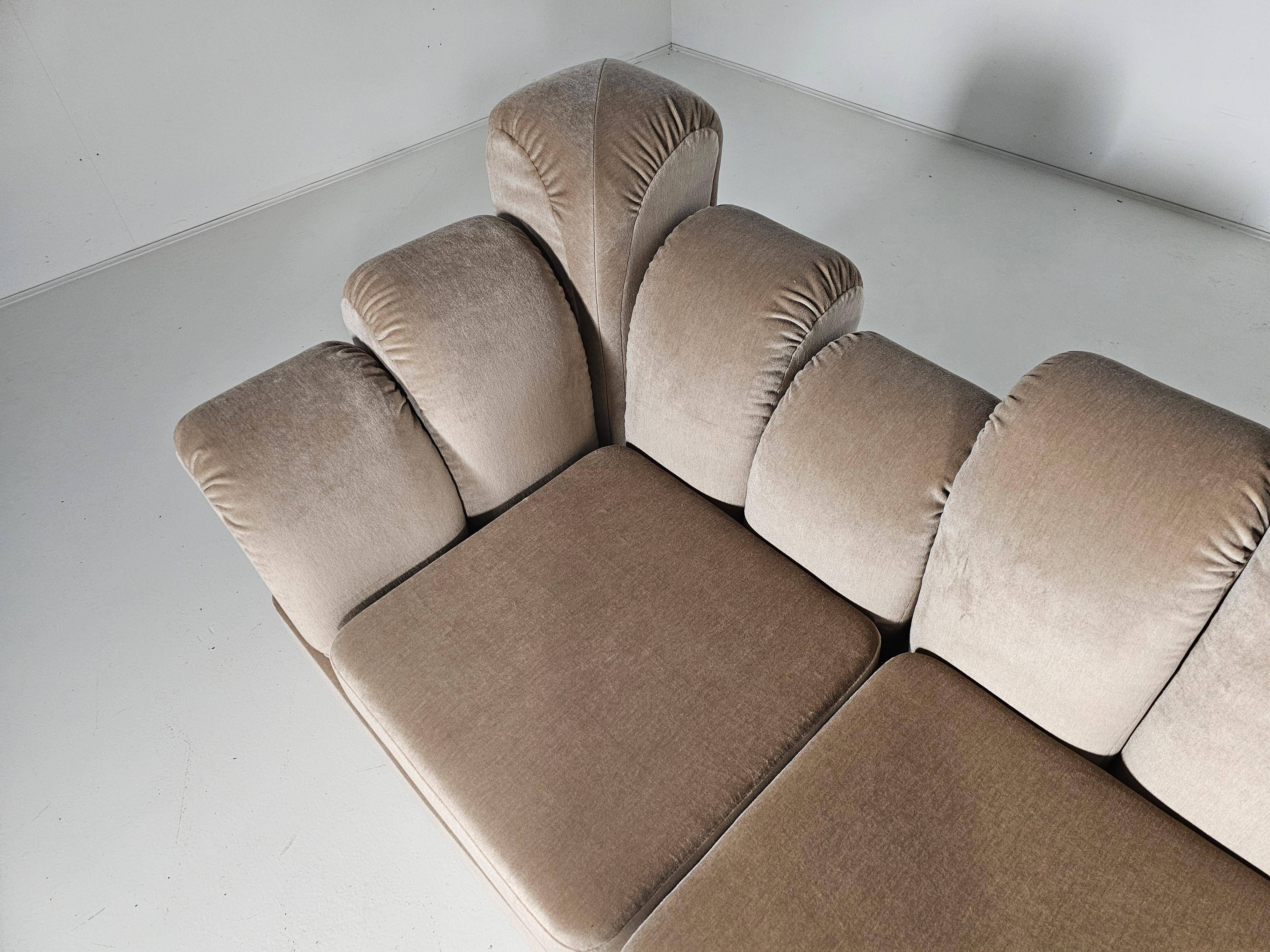 Beige mohair velvet sectional sofa by Hans Hopfer, Roche Bobois.