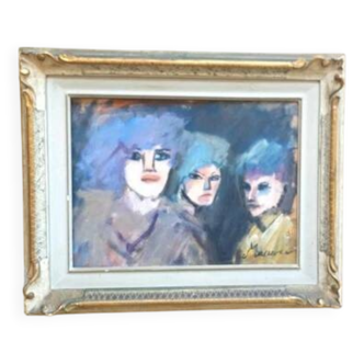 Mino Maccari carton pressé à l'huile 30x40 trois figures féminines
