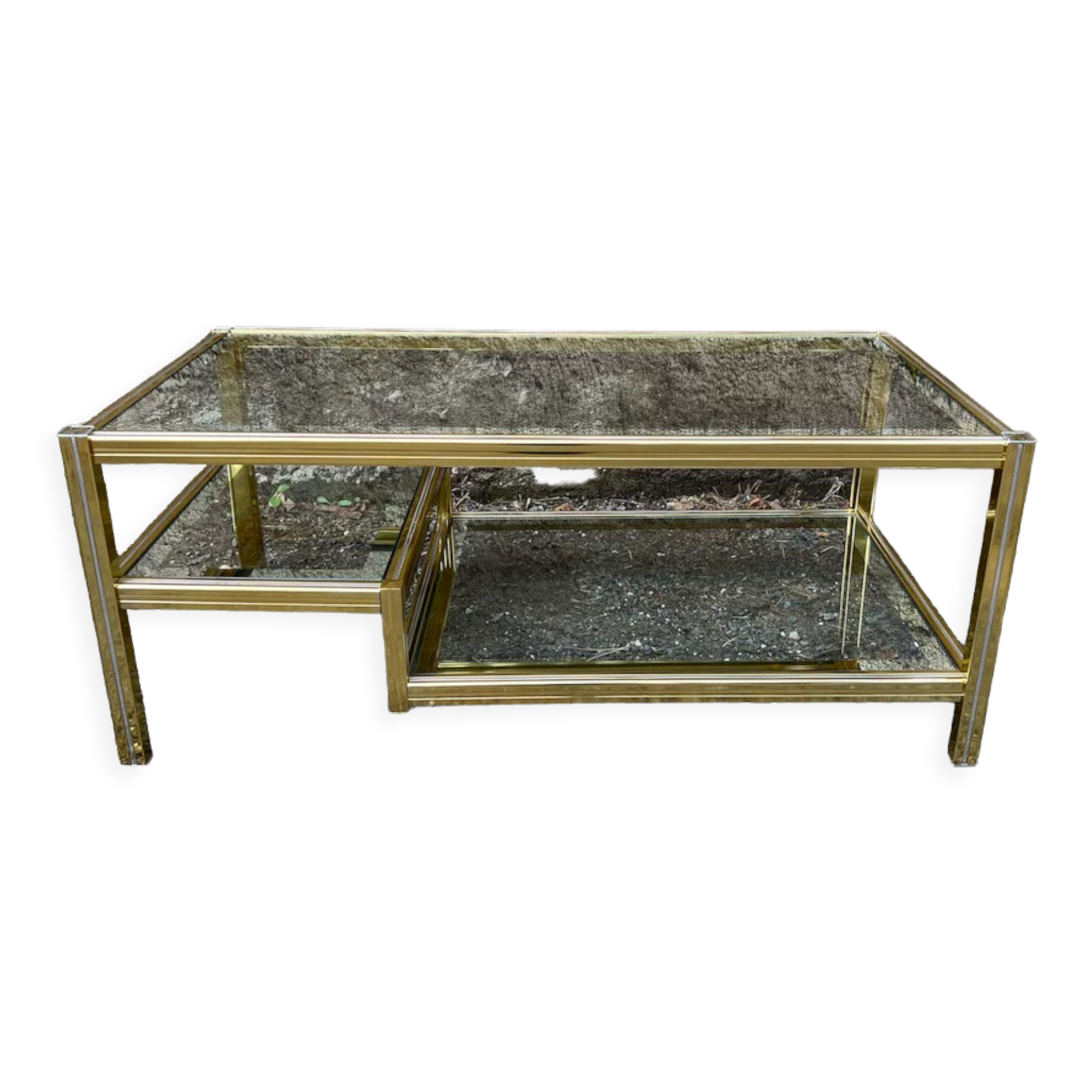 2-level coffee table Roche Bobois Hollywood Regency style brass and glass 70s