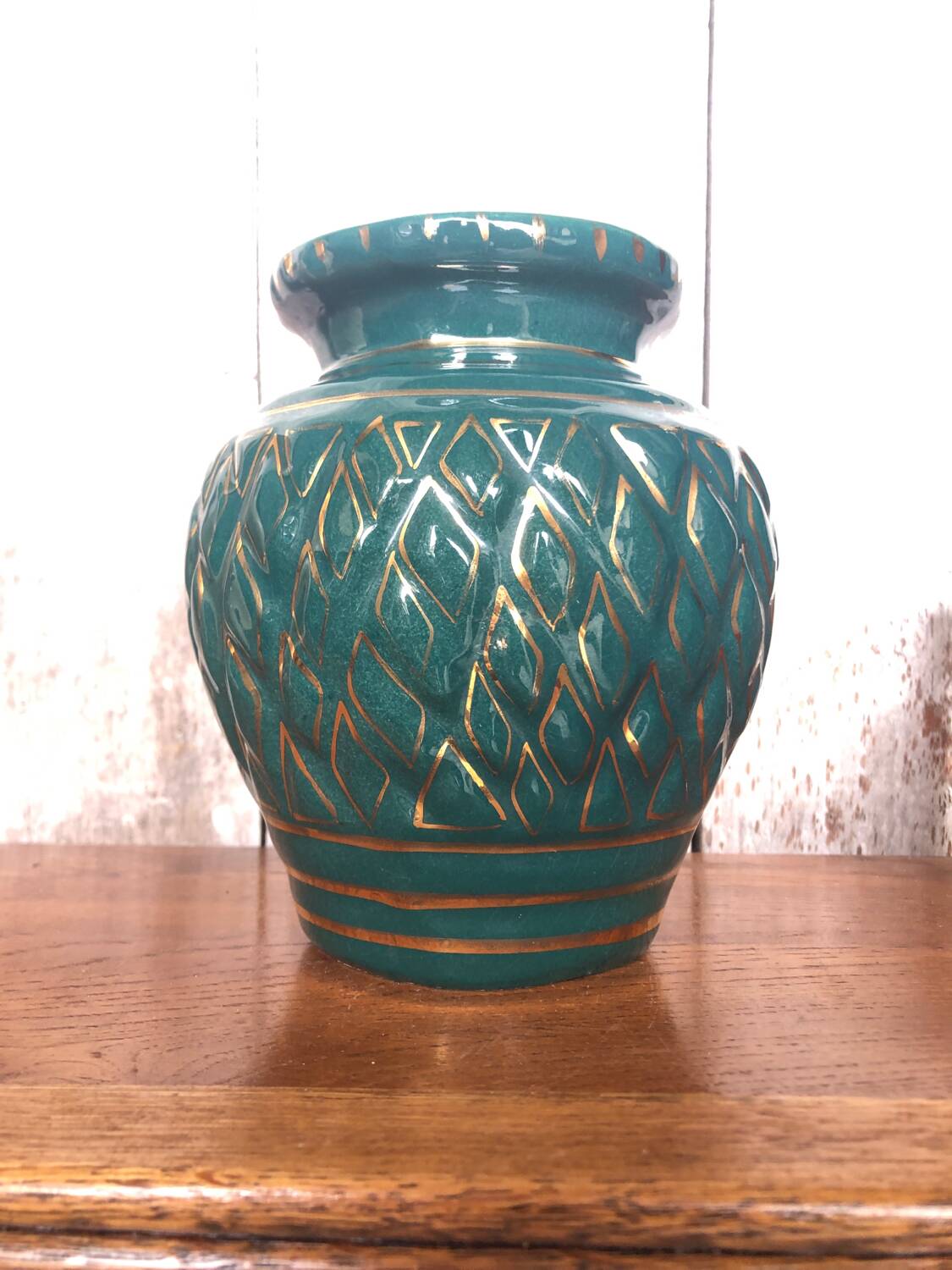 Old vallauris vase green ceramic & vintage gold decor #a798