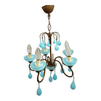 Lustre italien en laiton et opaline bleue, années 50
