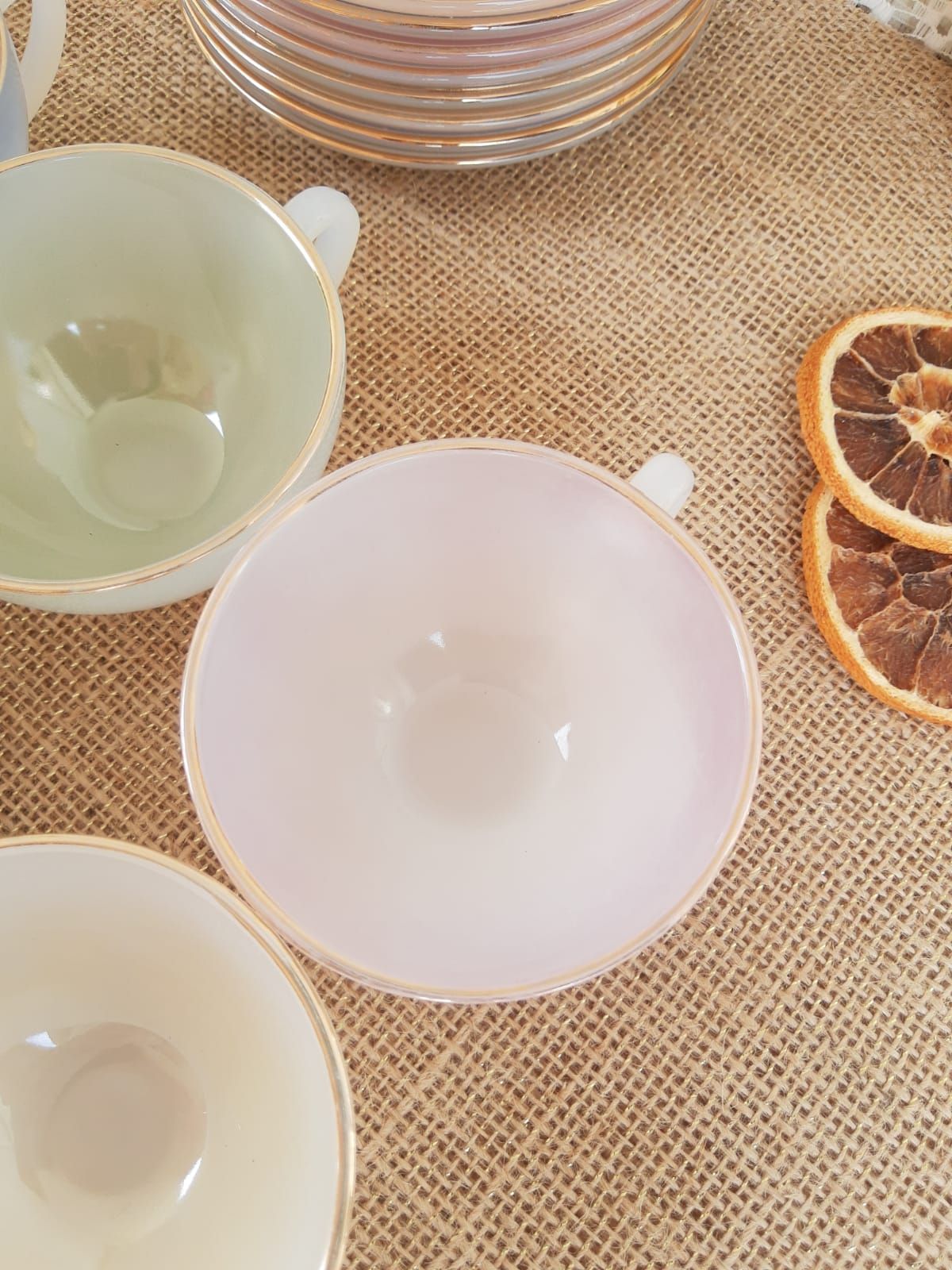 Set of 10 cups and under cups harlequin Arcopal France - vintage