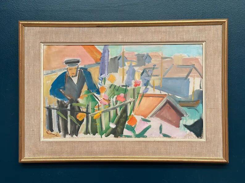 Swedish Original Oil on Canvas – "Figure Near a Flower Fence" by Carl Gunne – Signed – Vintage and Framed – 69.5 × 48 cm (27.4" × 18.9")