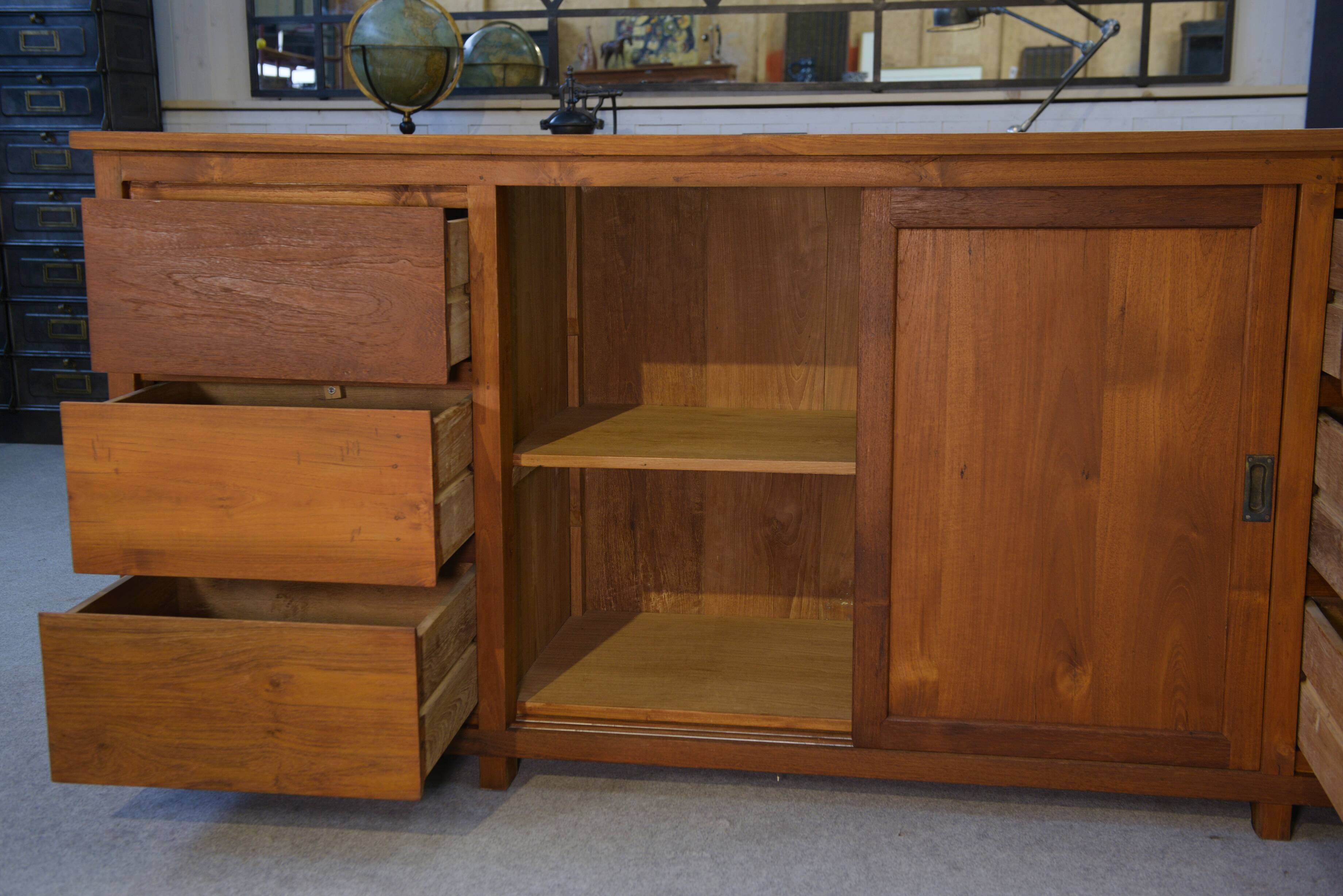 Large teak sideboard with 6 drawers and 2 sliding doors
