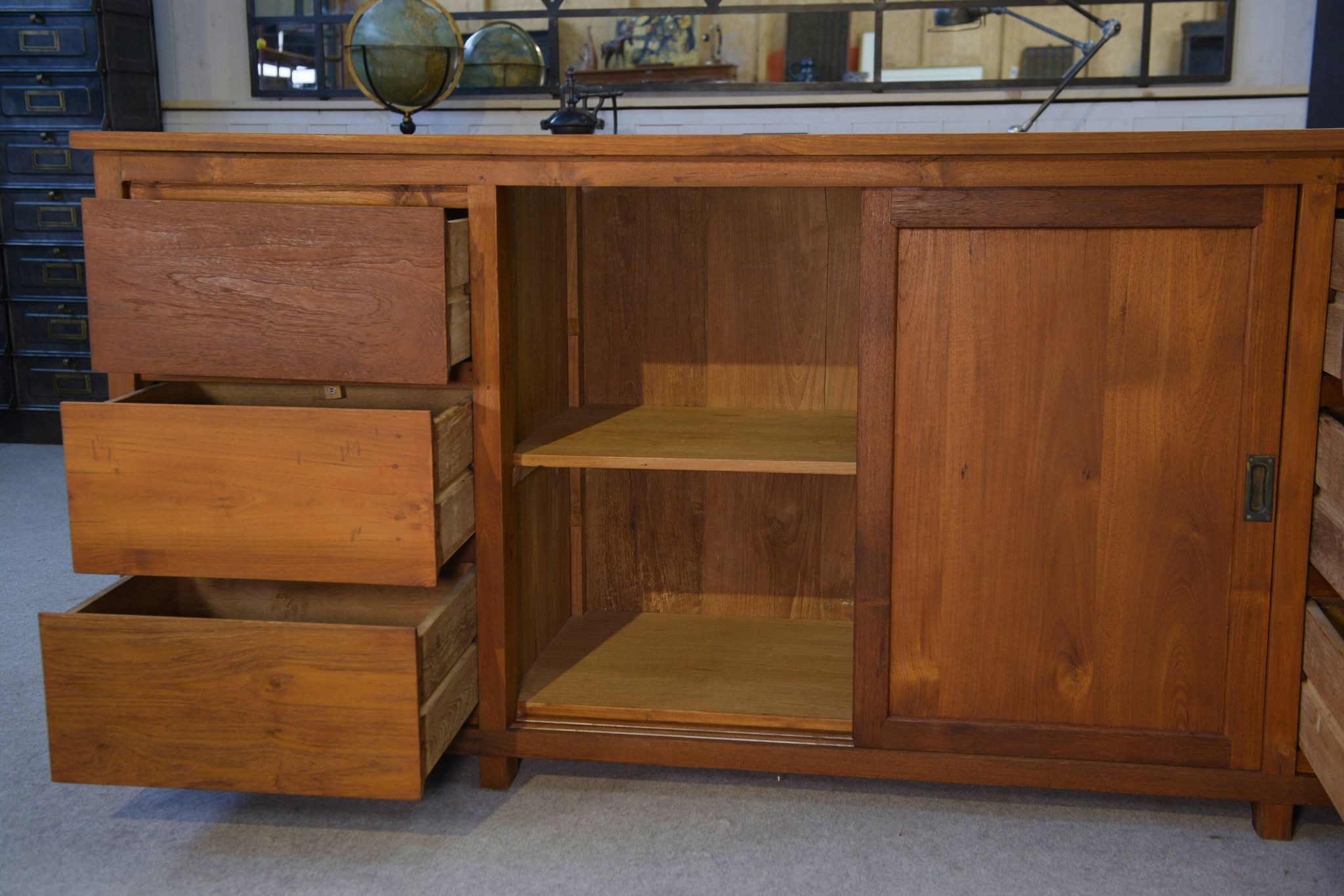 Large teak sideboard with 6 drawers and 2 sliding doors