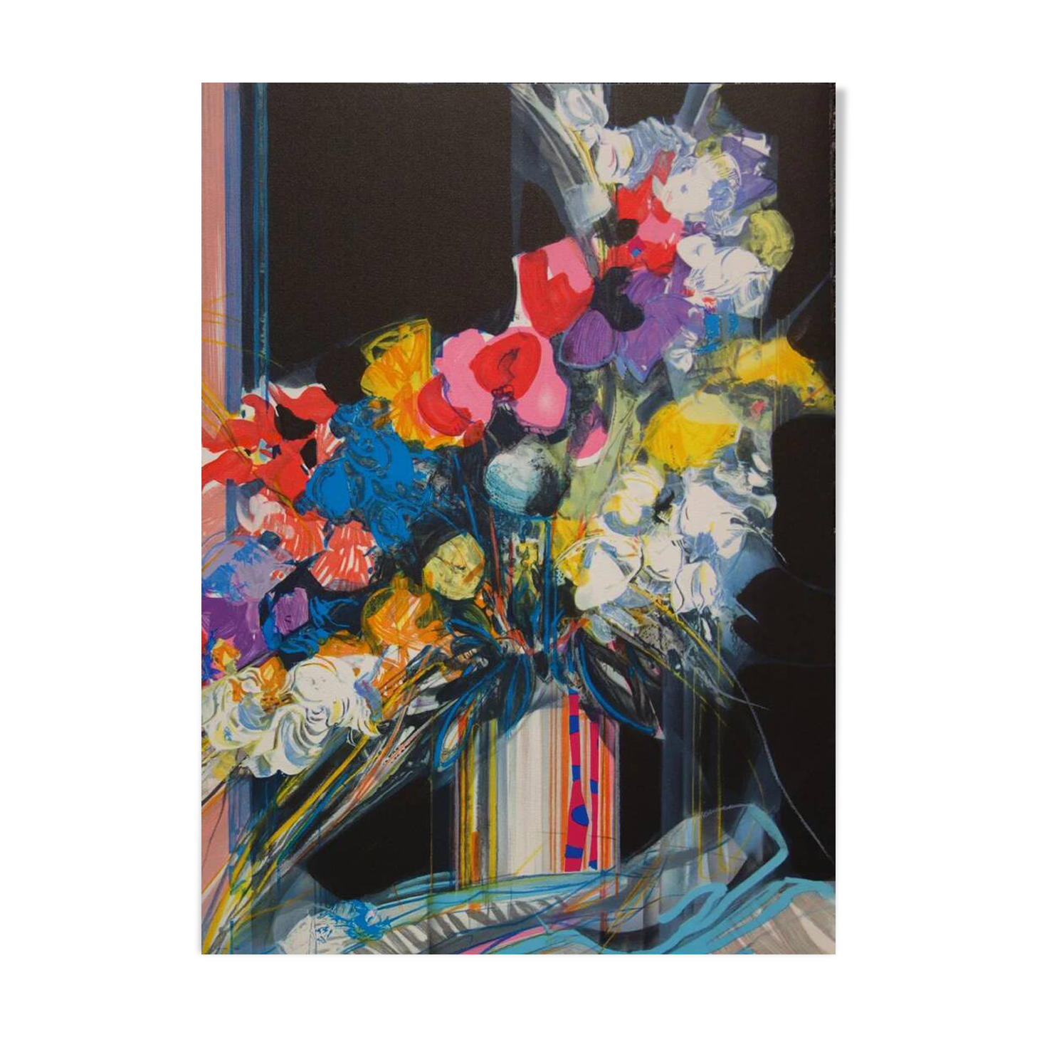 Jean-Baptiste Valadié: Blue, white and red bouquet, original signed lithograph