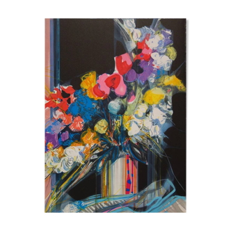 Jean-Baptiste Valadié: Blue, white and red bouquet, original signed lithograph