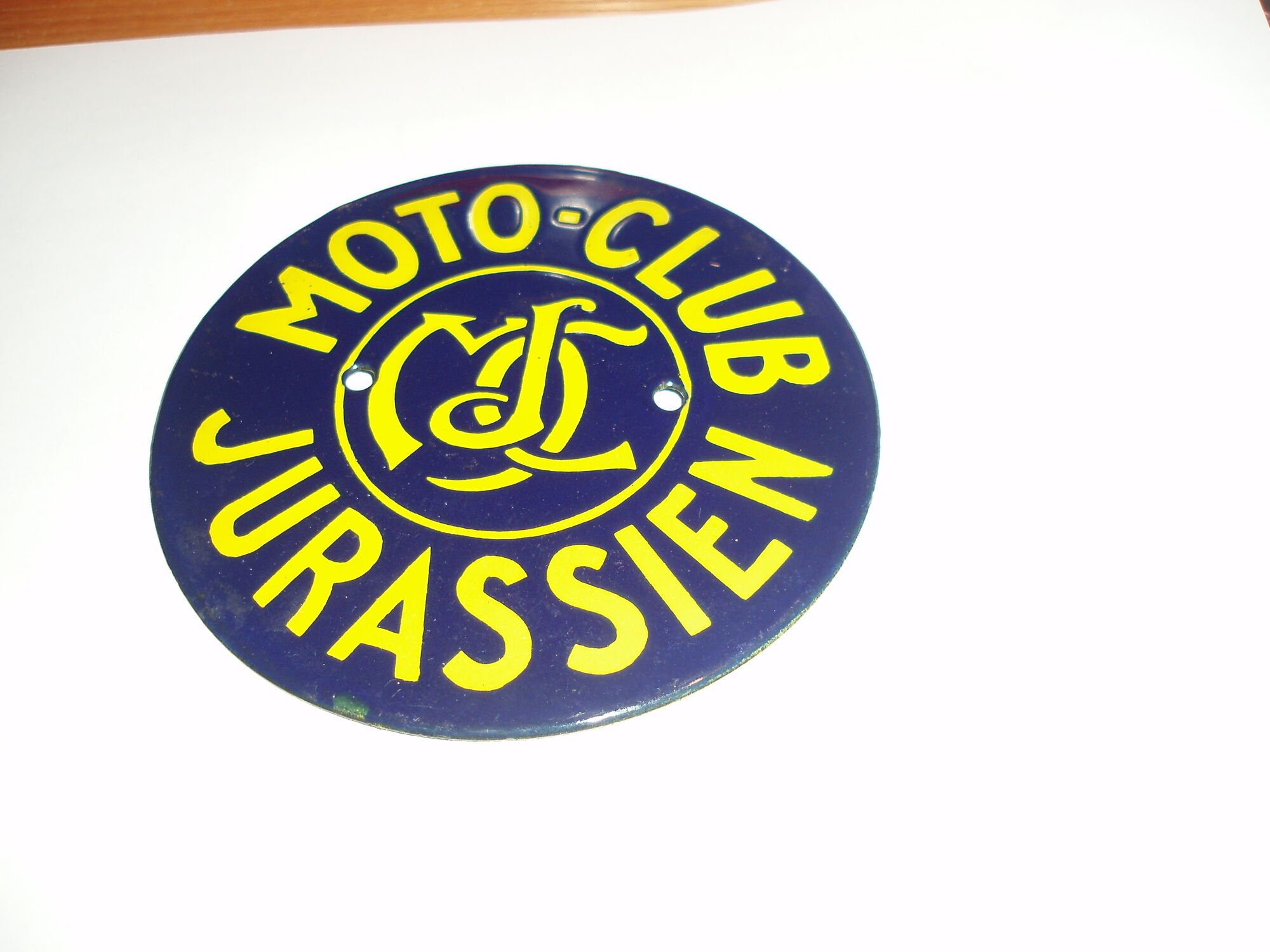 Former 1960s blue and yellow round enamel plate for Moto Club