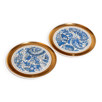 Set of 2 vintage ceramic coasters – Blue floral design and gilding – Made in France