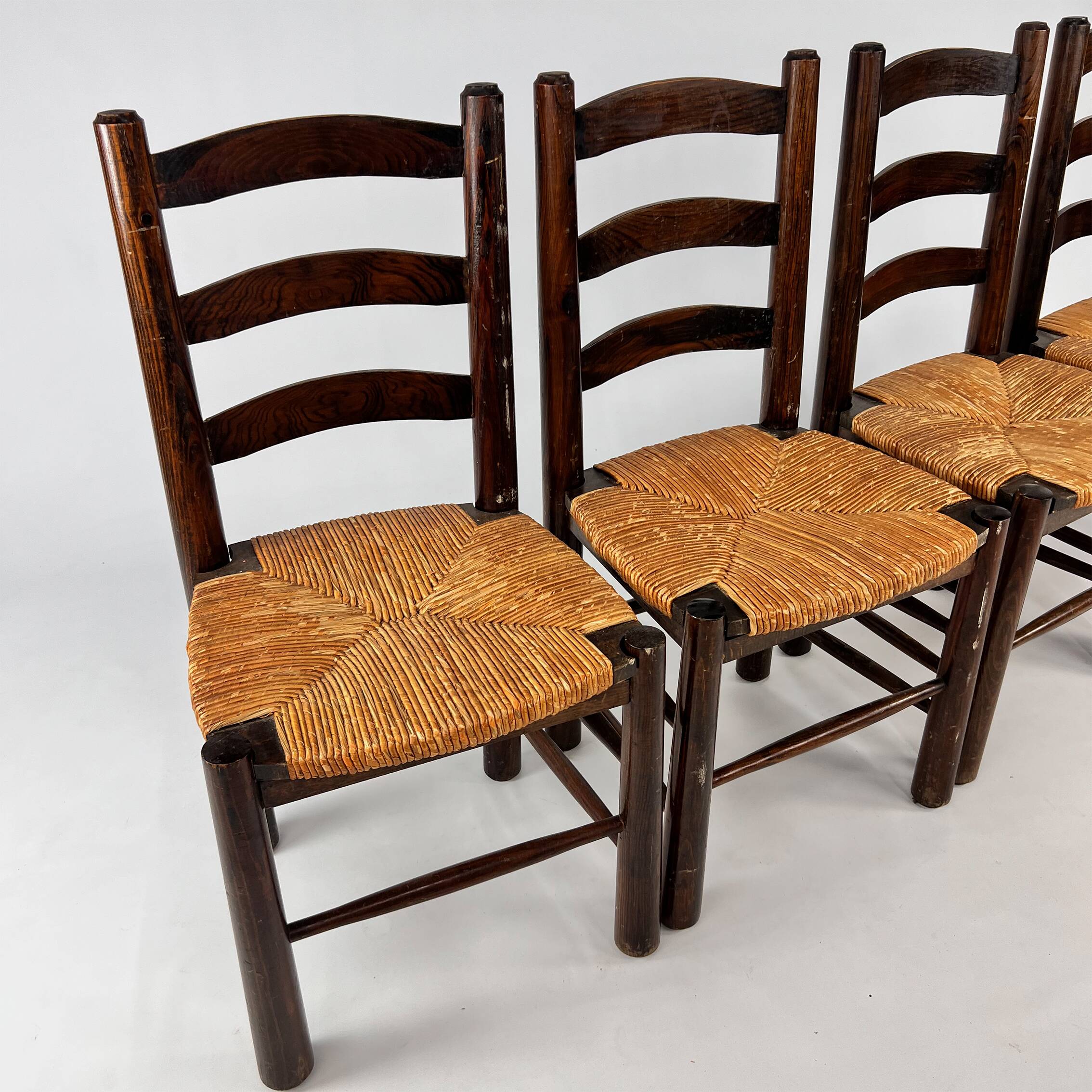 Set of 4 French Pine and Rush Dining Chairs, 1960s