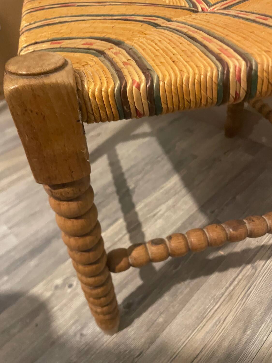 Vintage Art Deco Bobbin Wood and Straw Corner Chair, 1930s