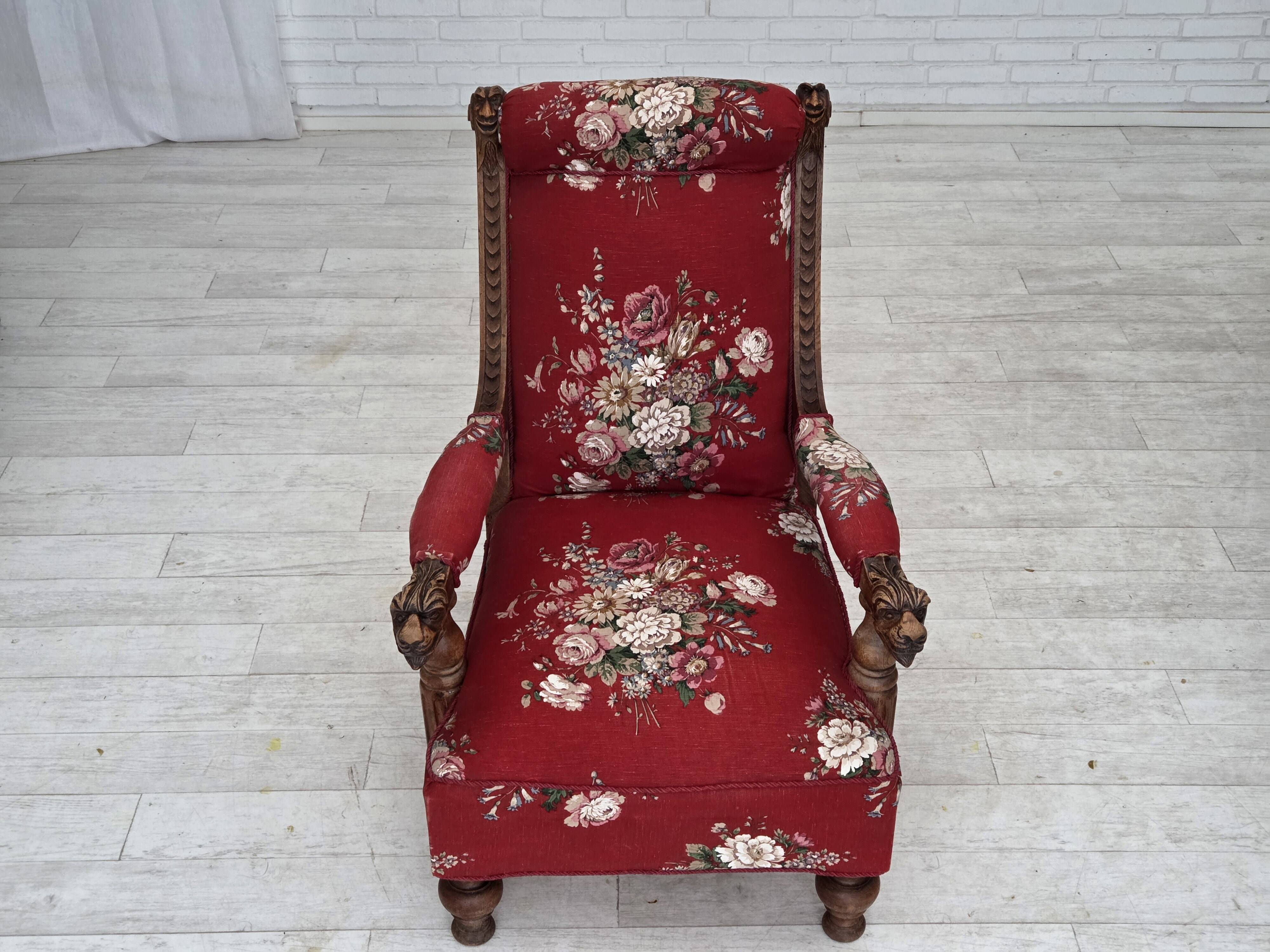 1920-30s, Danish armchair, furniture cotton fabric, hand carved oak wood.