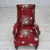 1920-30s, Danish armchair, furniture cotton fabric, hand carved oak wood.
