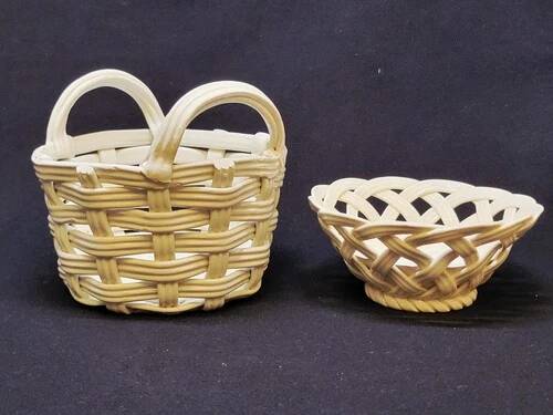 Set of Woven White Mediterranean Ceramics Basket + Bowl