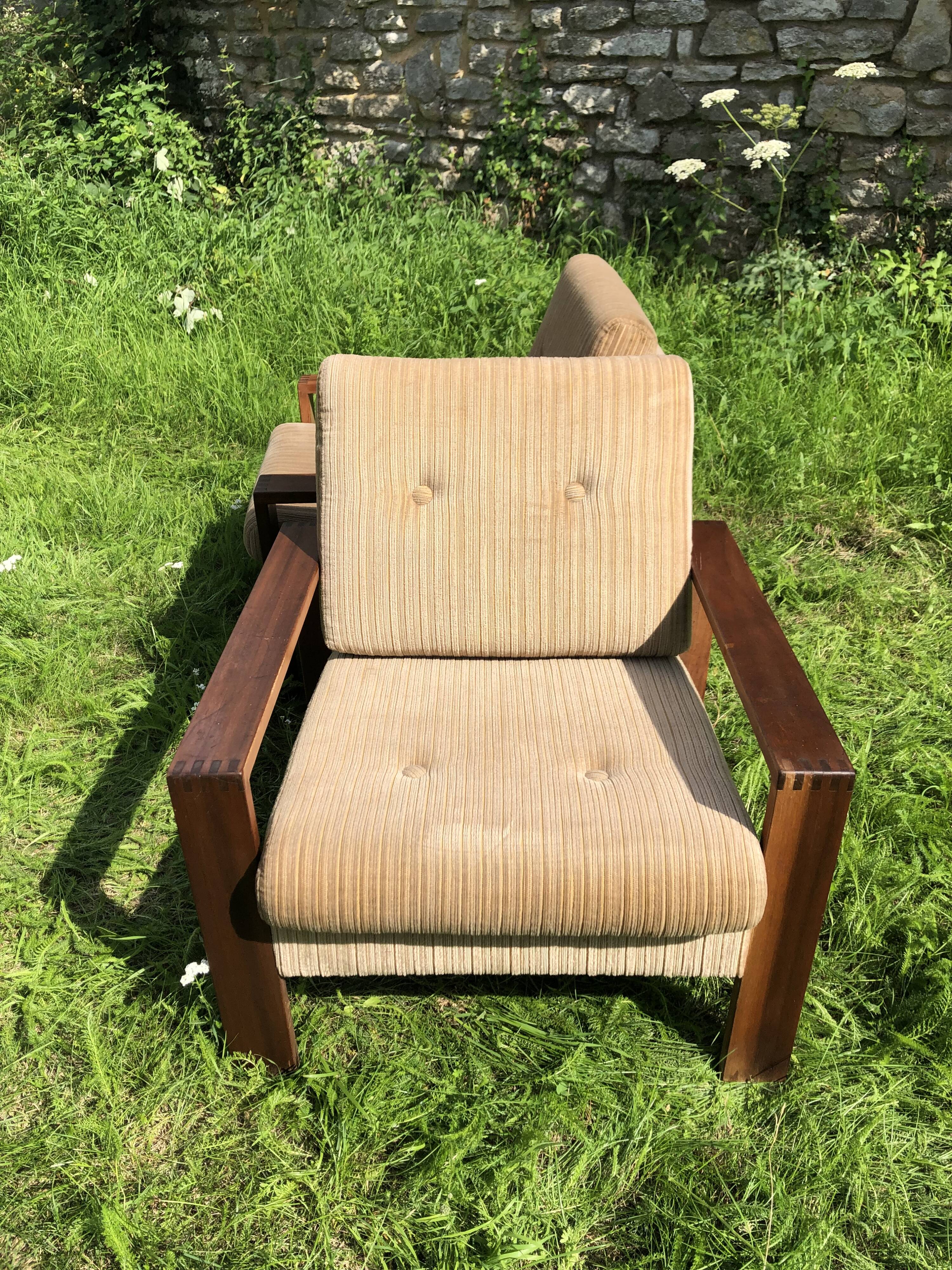 Pair of vintage beige velvet armchairs 60s
