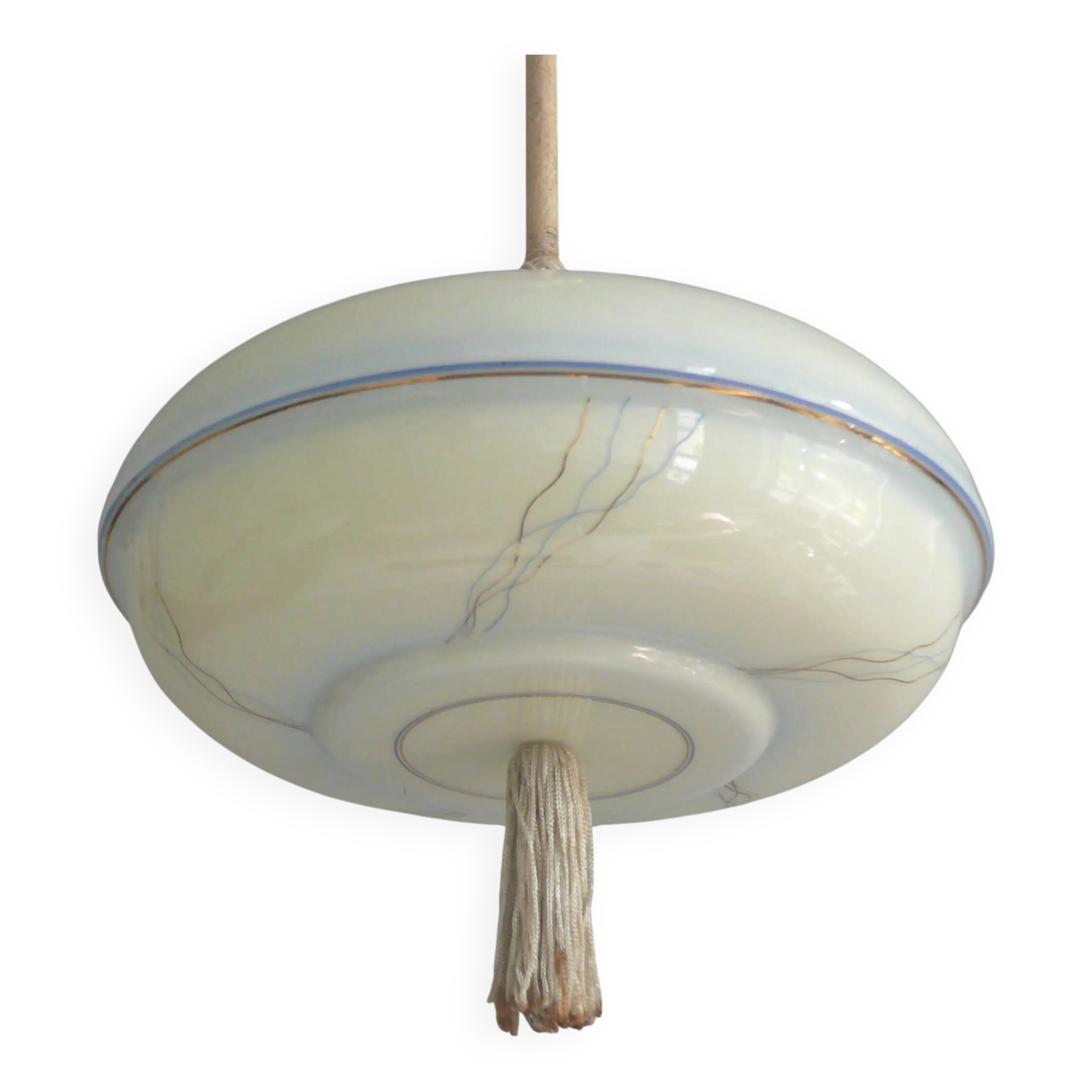 Art Deco rod pendant lamp with brass suspension and decorative glass shade