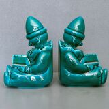 Pair of Art-Deco BookEnd Clowns drowsy in front of a book - glazed ceramics - 1930/1940