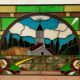 Art Deco stained glass window decorated with a 20th century church steeple