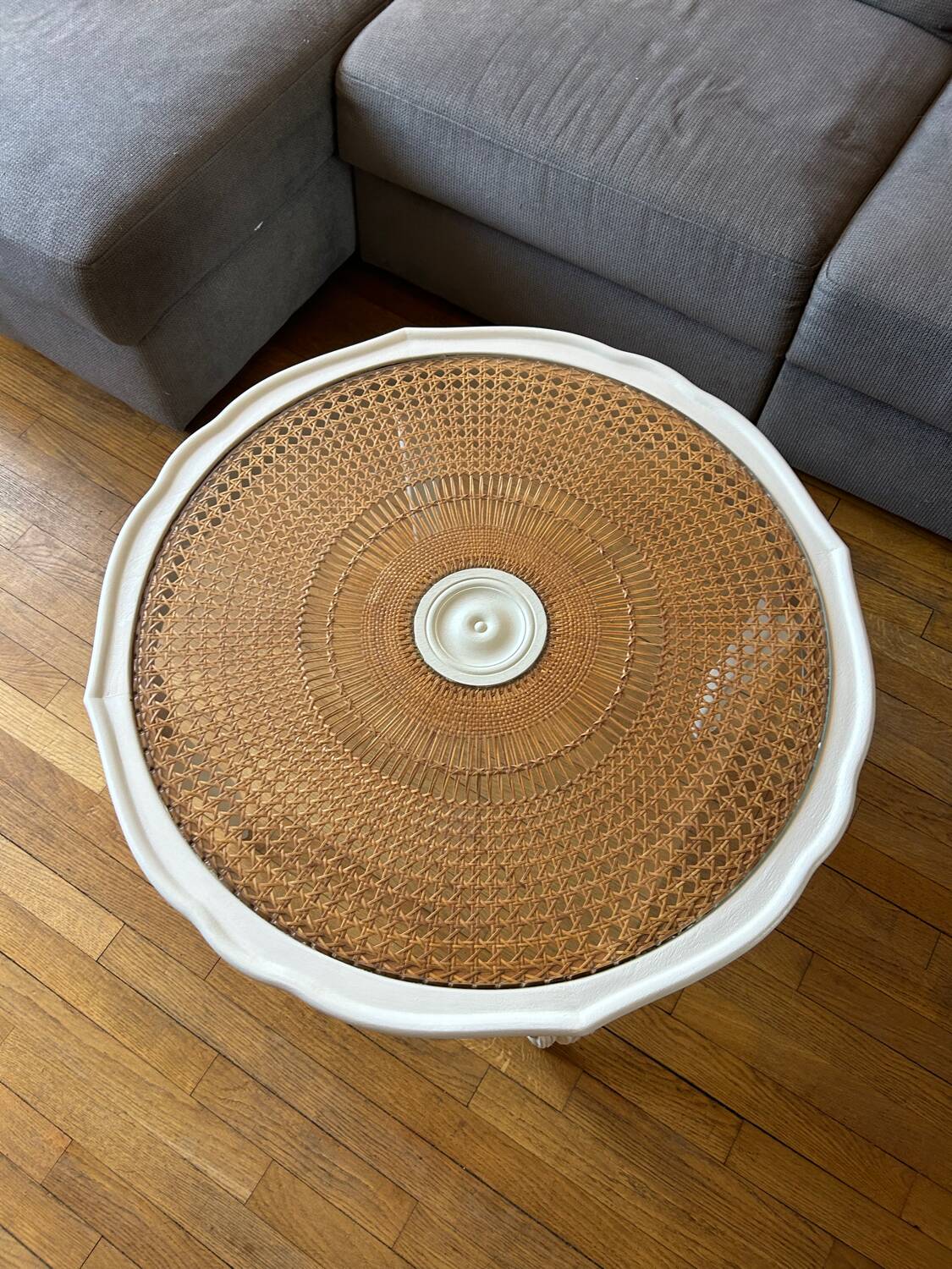 Round coffee table with cane