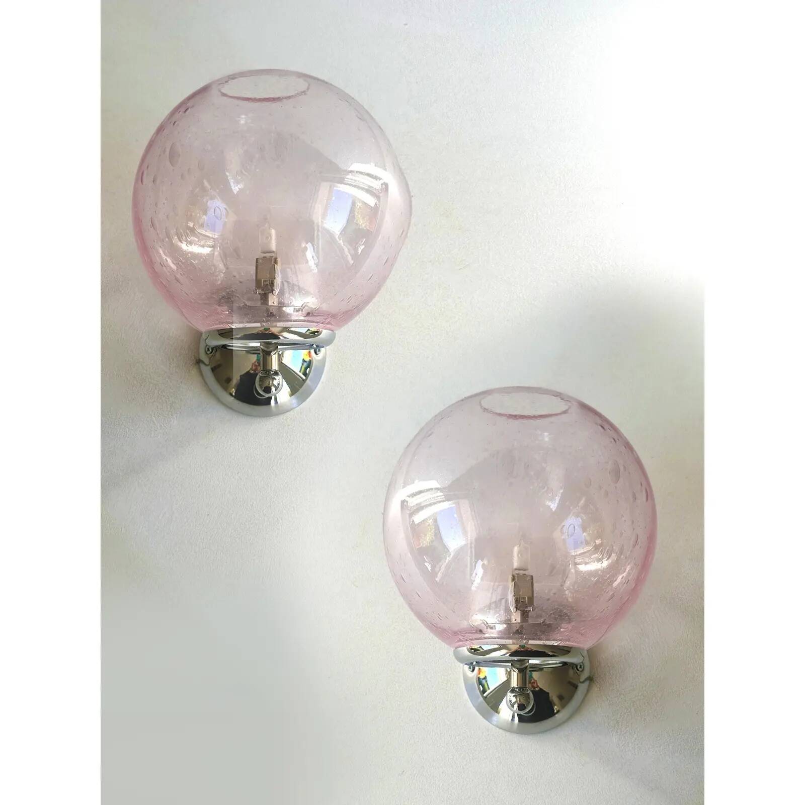 Sculptural Pink “Pulegoso” Murano Glass Wall Sconces — Pair