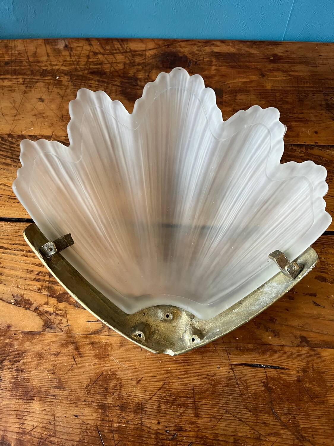 2 brass shell wall lamp covers in art deco molded glass