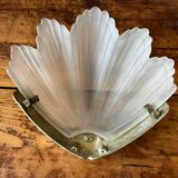 2 brass shell wall lamp covers in art deco molded glass