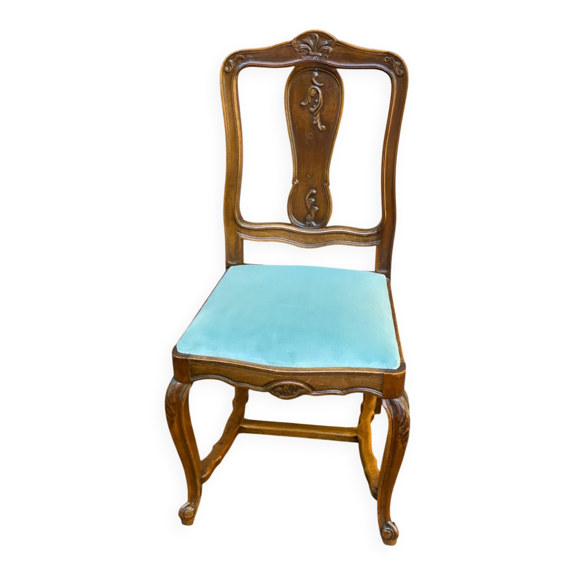 Vintage Louis XV chair made of carved solid wood with blue velvet fabric.