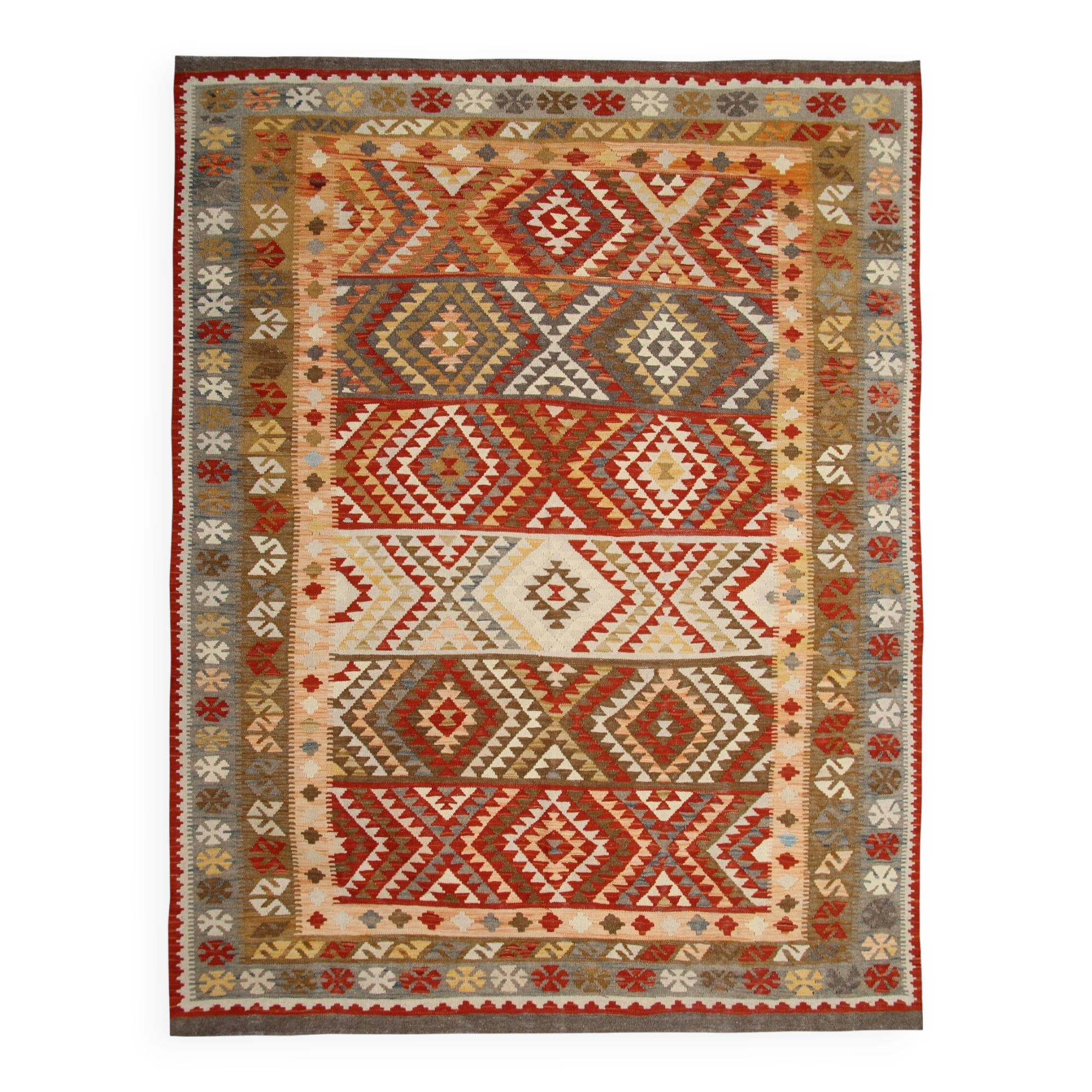 Geometric Kilim Oriental Rug, Wool Rustic Flatwoven Carpet 249x195cm