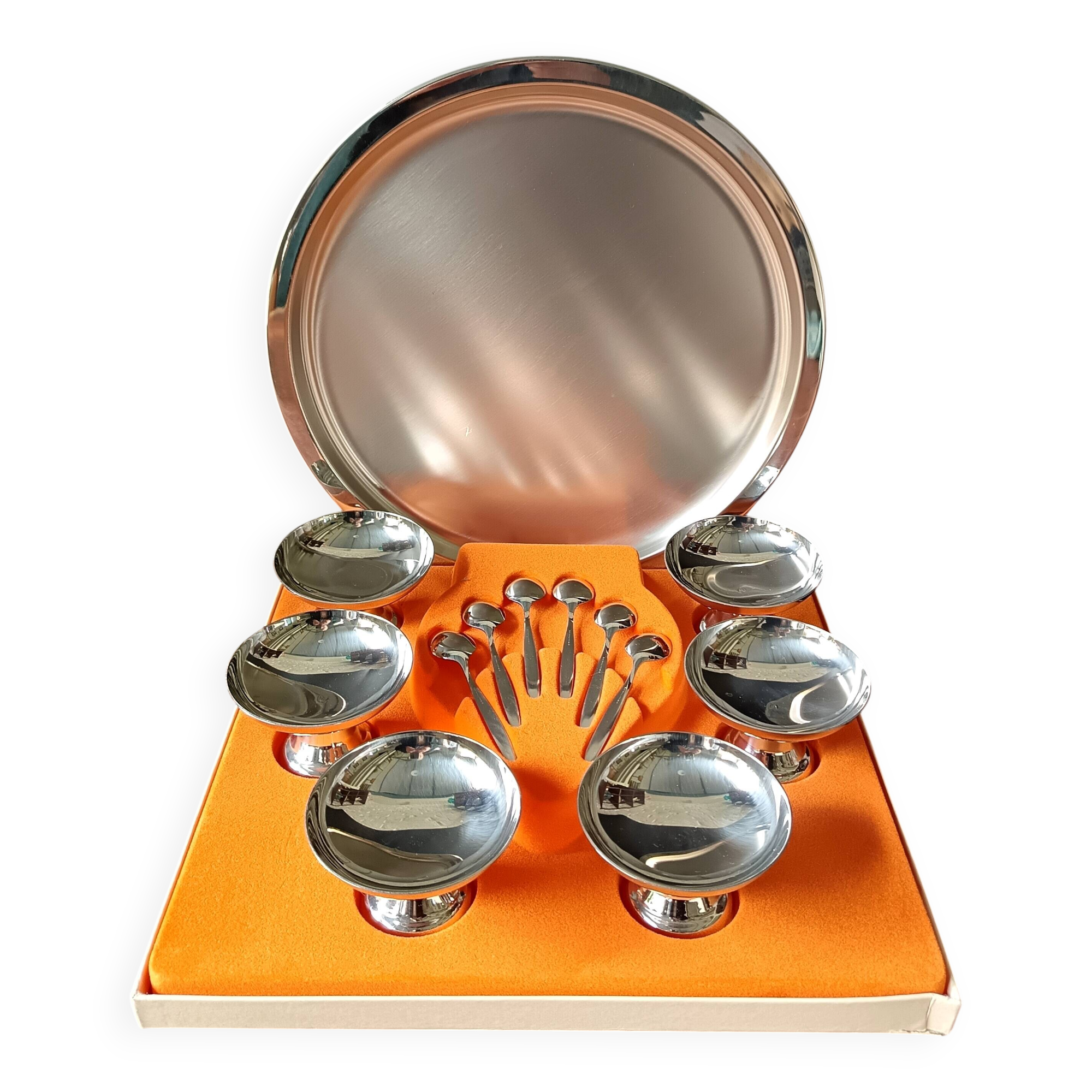 Set of 6 cups, tray and ice cream spoons guy degrenne "modern line"