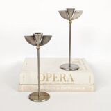 Pair of postmodern 1980s candlesticks, stainless steel and brass