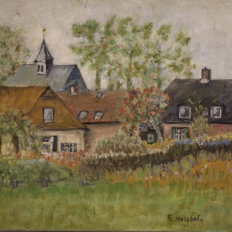 Peinture néerlandaise d'une vue de maisons dans le style impressionniste.