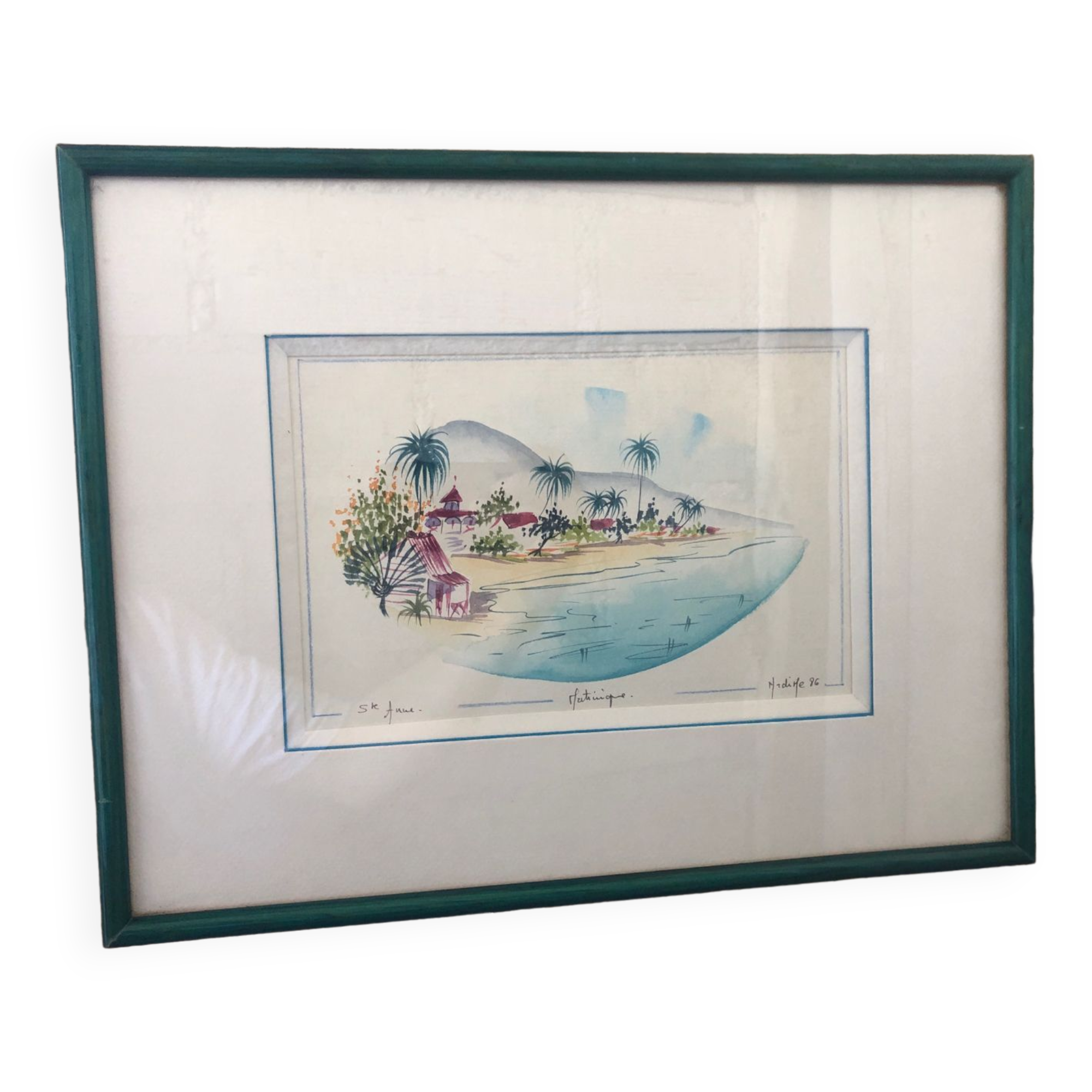 Watercolor painting nadine martinique st anne + wood frame #a224