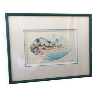 Peinture aquarelle nadine martinique st anne + cadre bois  #a224