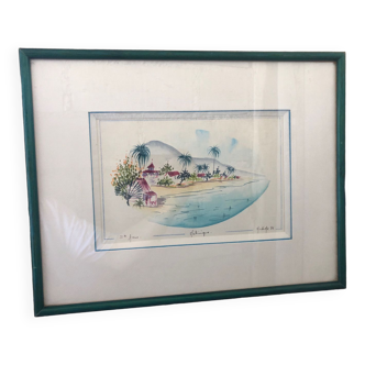Watercolor painting nadine martinique st anne + wood frame #a224